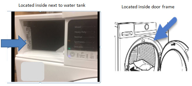 Model/Serial number tag located inside next to water tank or inside a door frame
