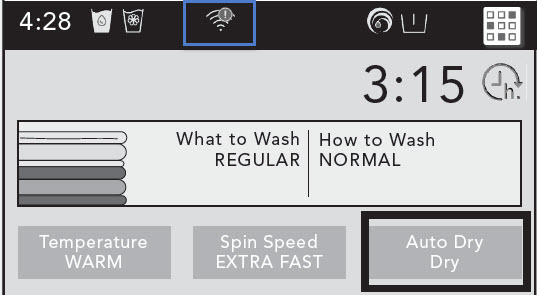 WiFi icon light at the top of the LCD screen on all in one washer dryer
